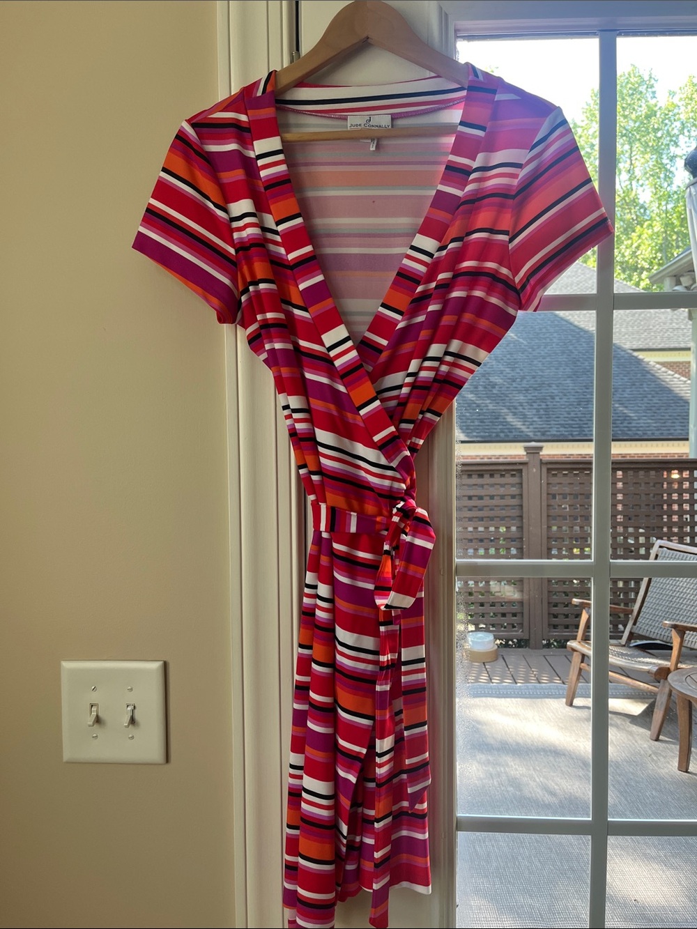 Jude Connally Striped Wrap Dress in Pink, Red, White and Orange